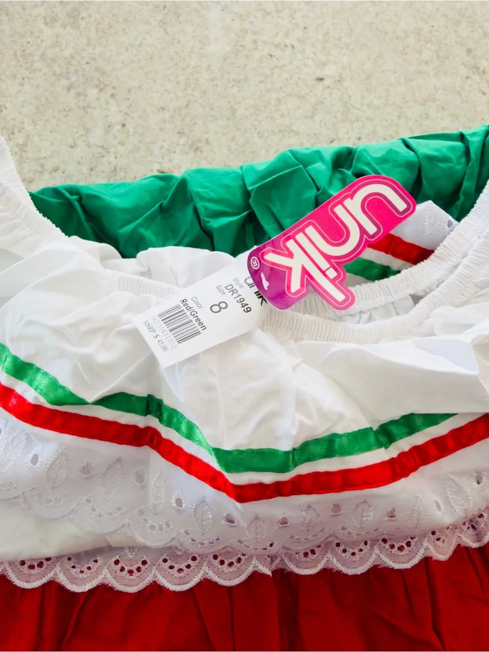 Unik Girls' Tricolor Fiesta Dress - White, Green & Red